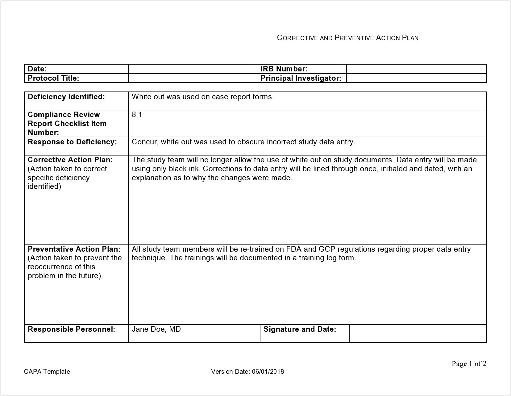 Il Dhs Corrective Action Plan Template