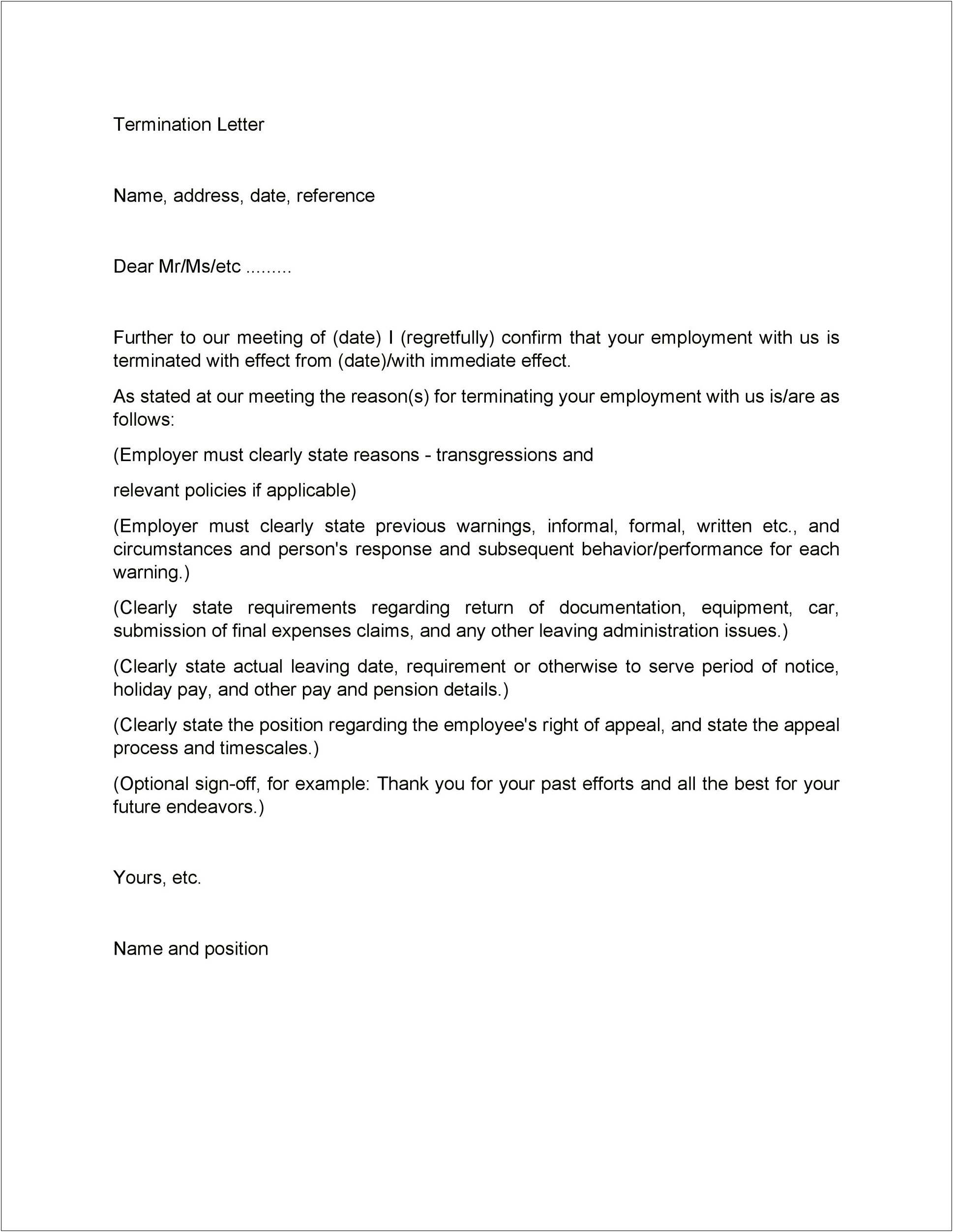 Immediate Termination Letter To Employee Template