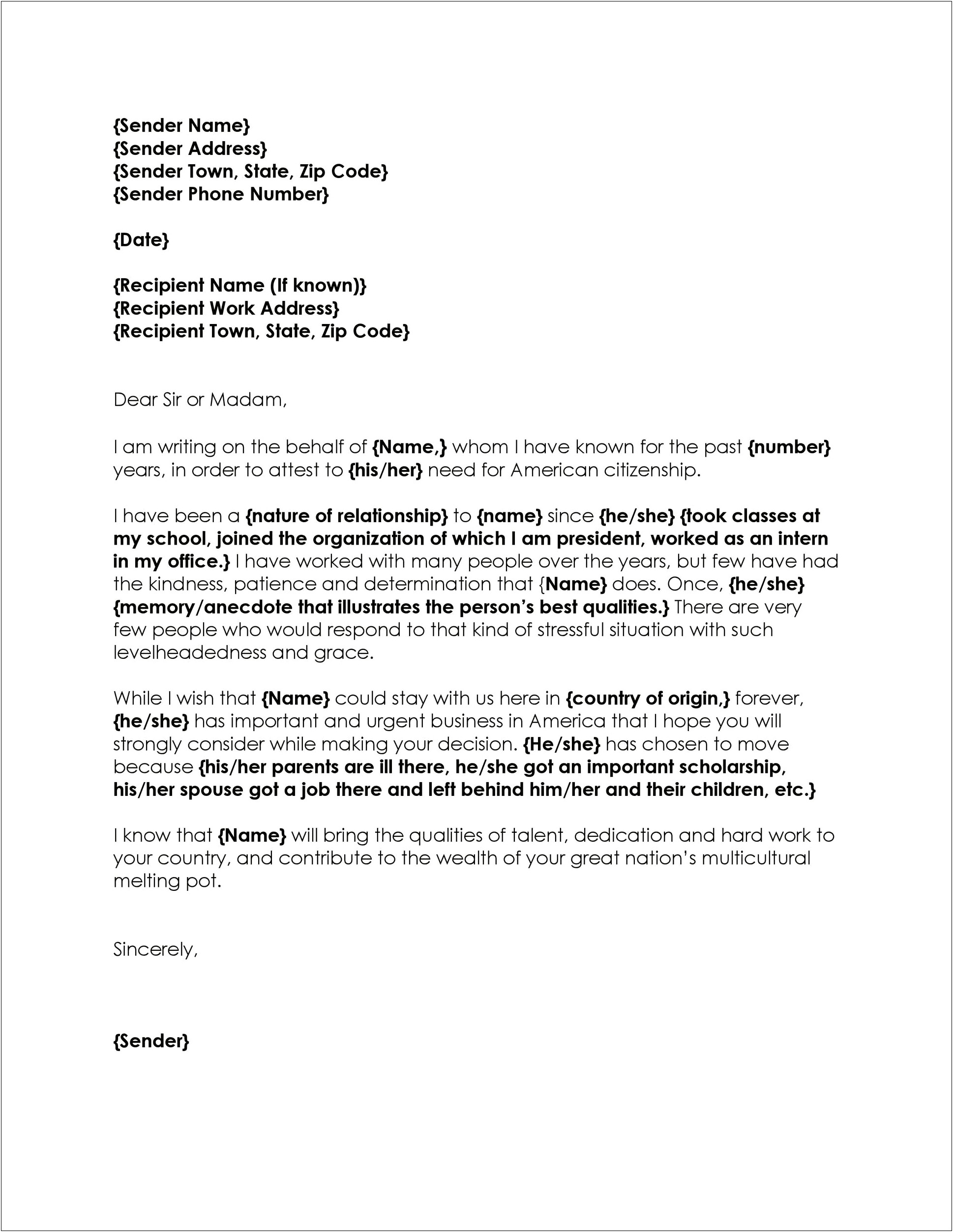 Immigration Character Reference Letter Template Us Immigration