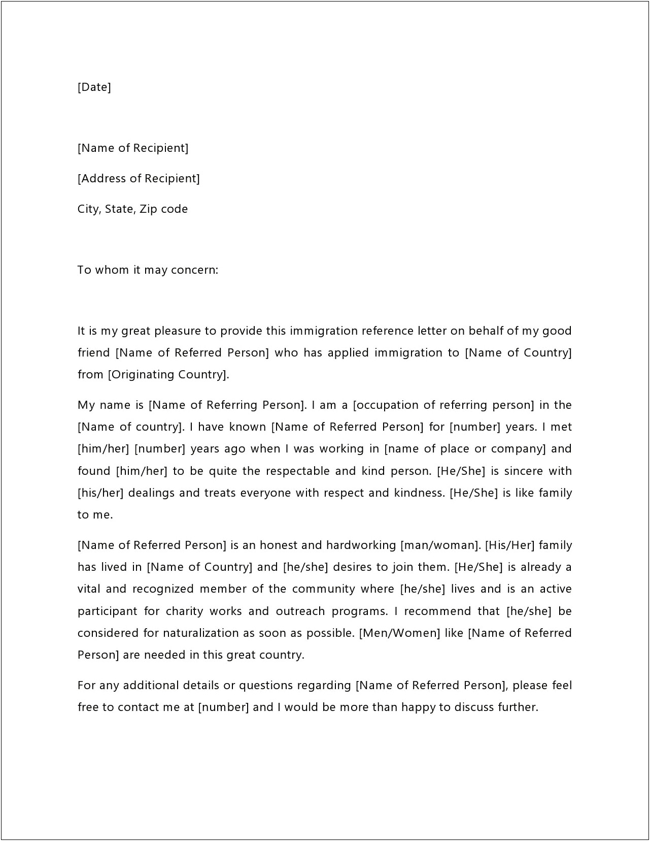 Immigration Letter Of Recommendation For Friend Template