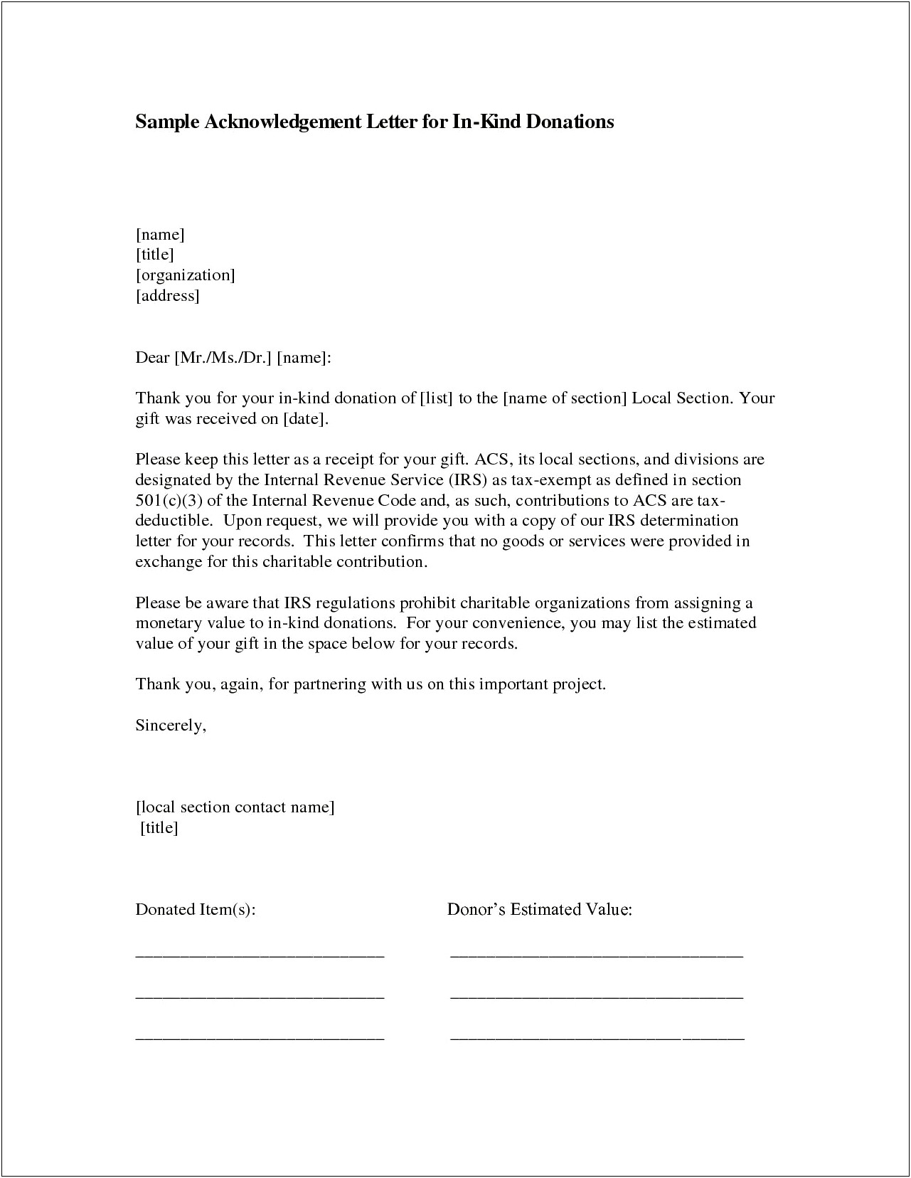 In Kind Donation Acknowledgement Letter Template