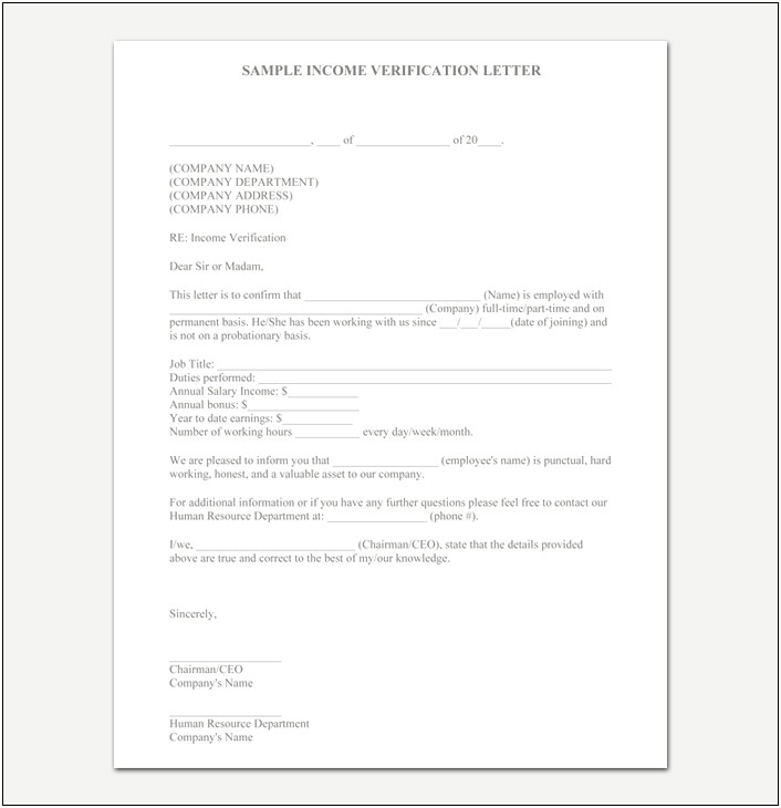 Income Verification Letter From Employer Template