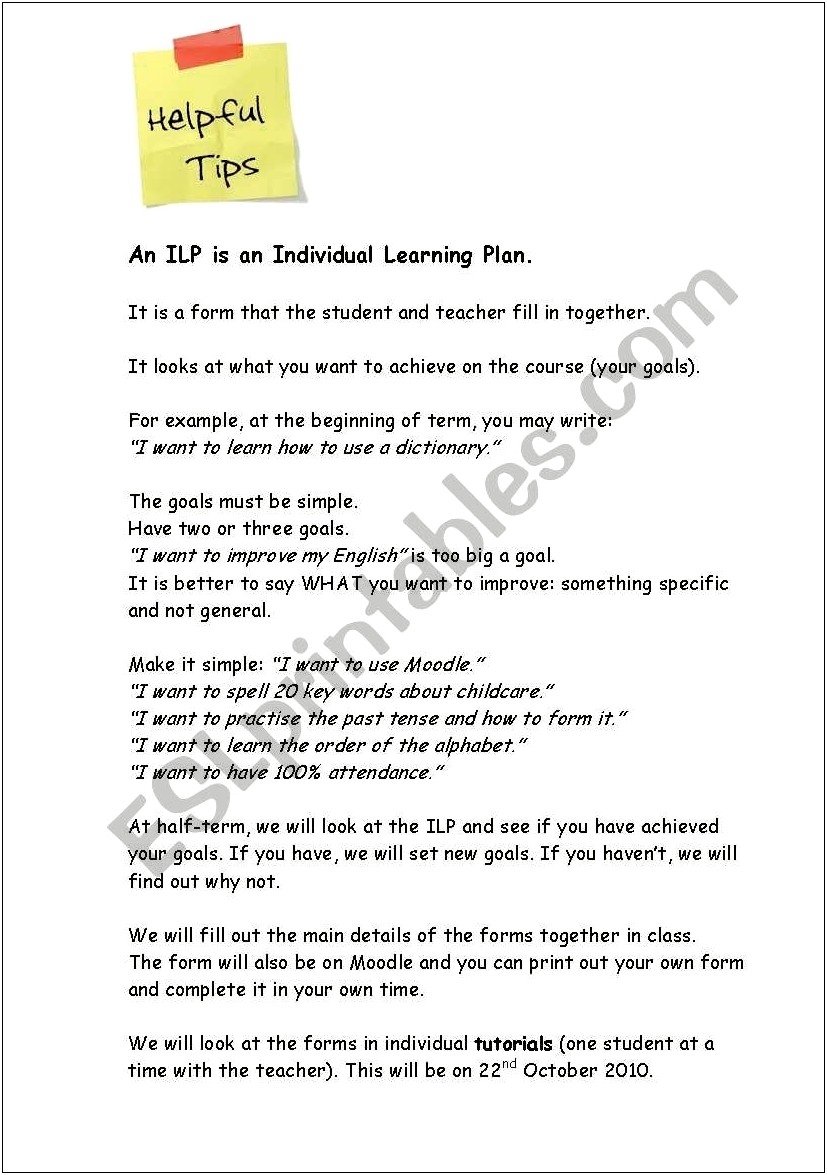 Individual Learning Plan For Ell Template