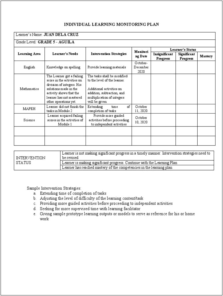 Individual Learning Plan Templates For Students