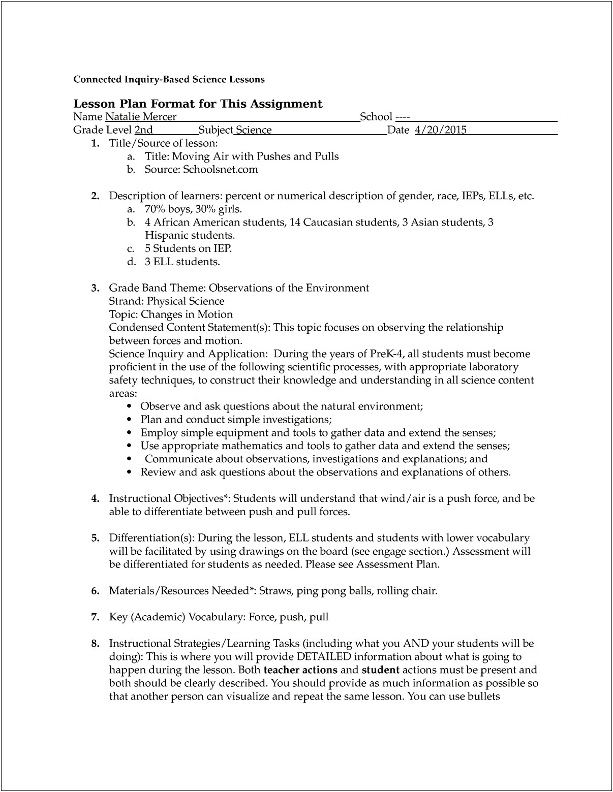 Inquiry Based Science Lesson Plan Template