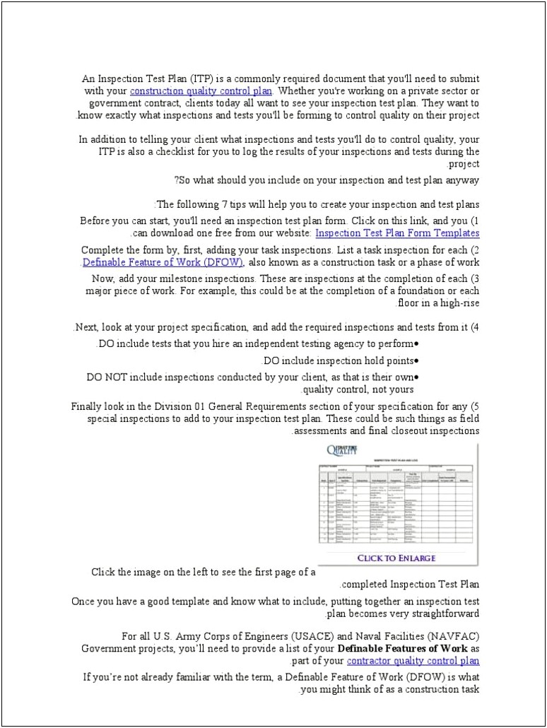 Inspection And Test Plan Template Construction