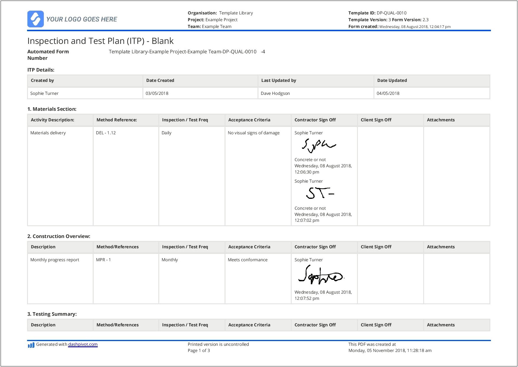 Inspection And Test Plan Template Free