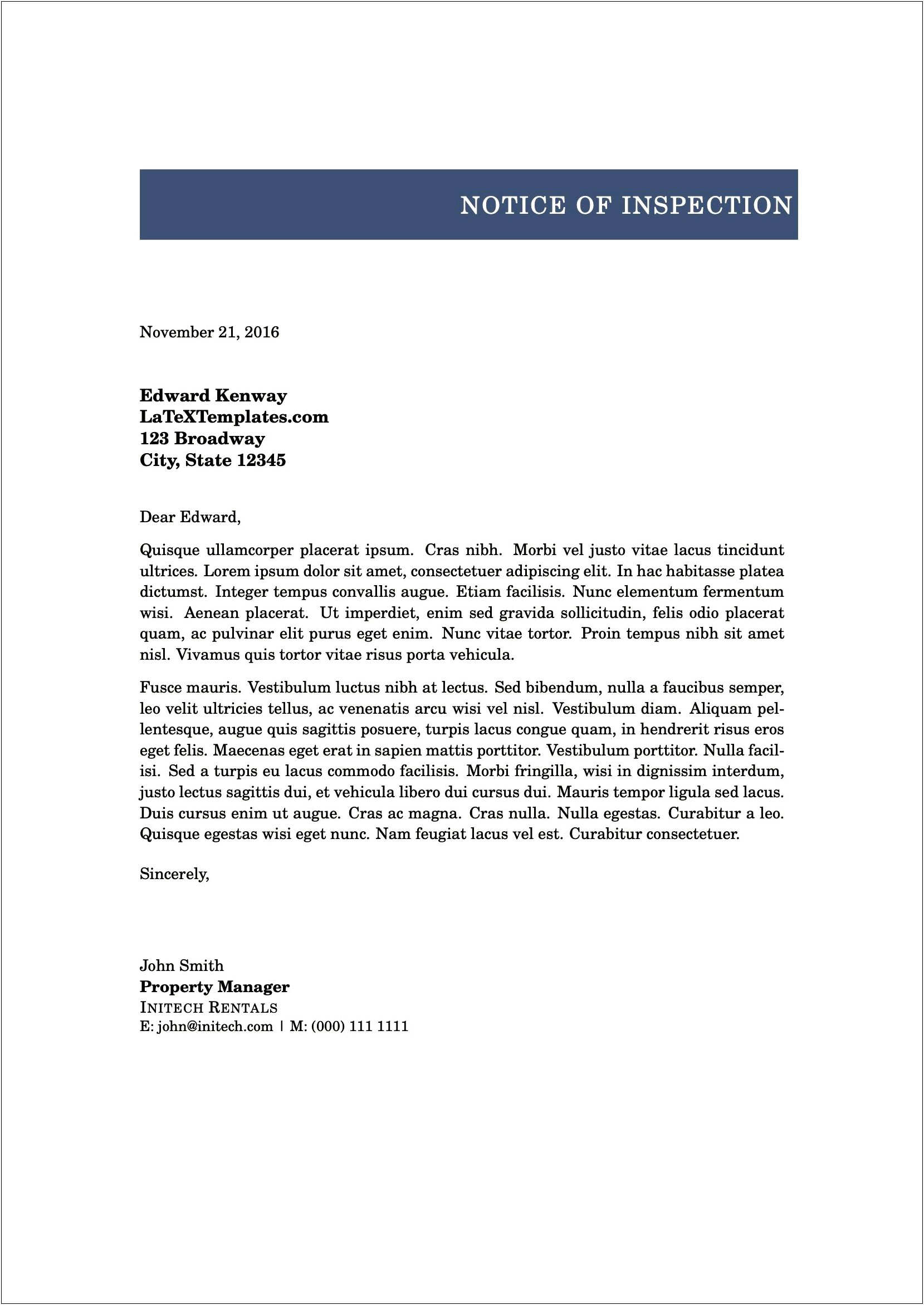 Inspection Of Property By Landlord Letter Template