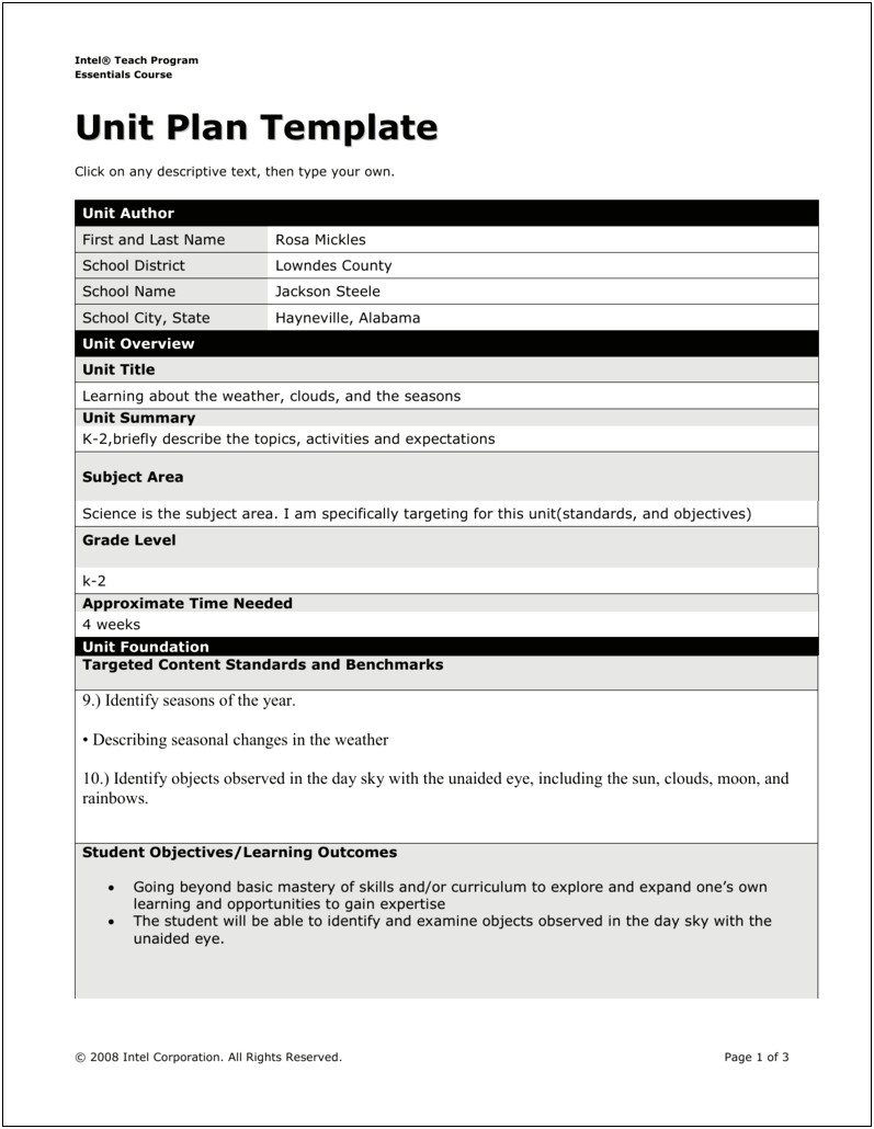 Intel Teach To The Future Unit Plan Template