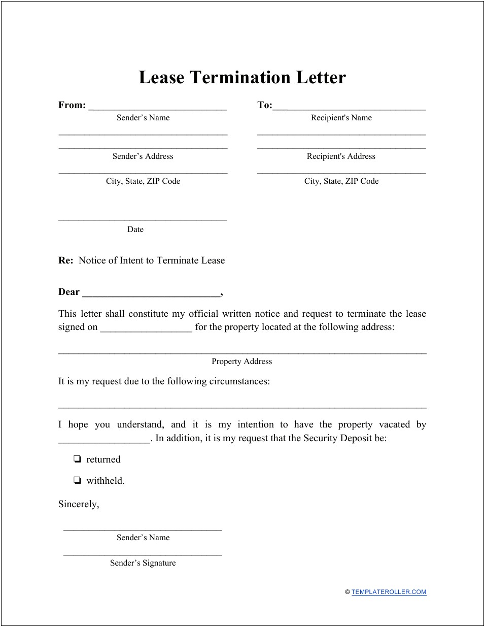 Intent To Quit Lease Letter Template