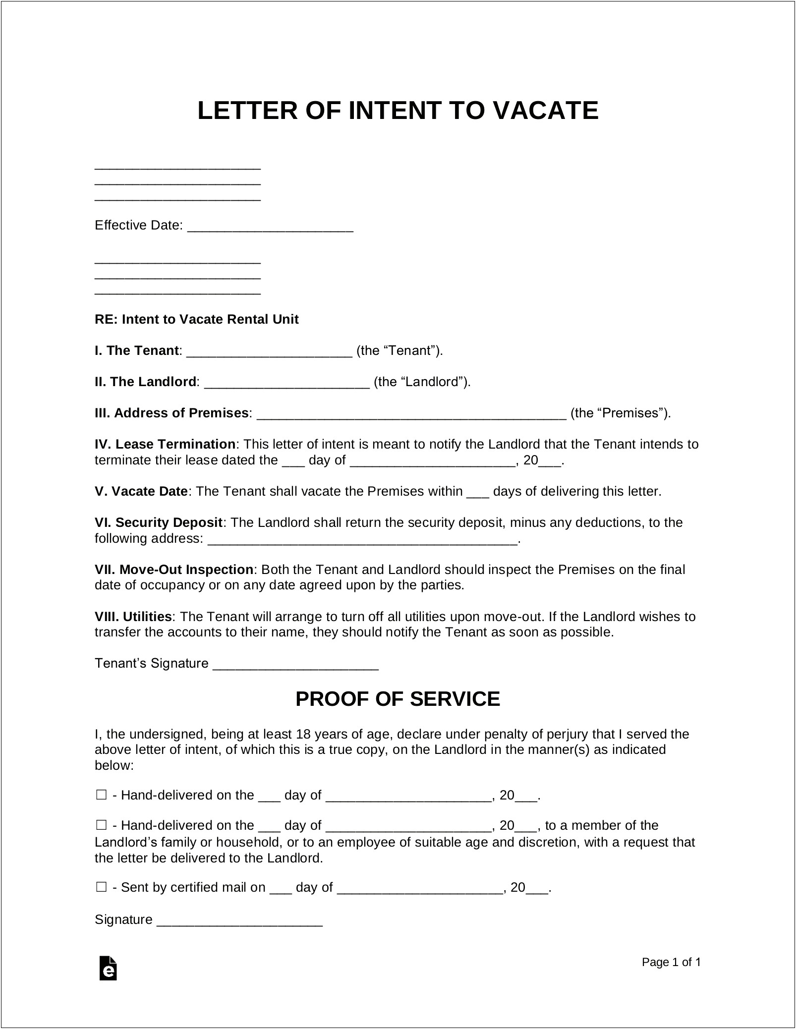 Intent To Vacate Letter To Landlord Template