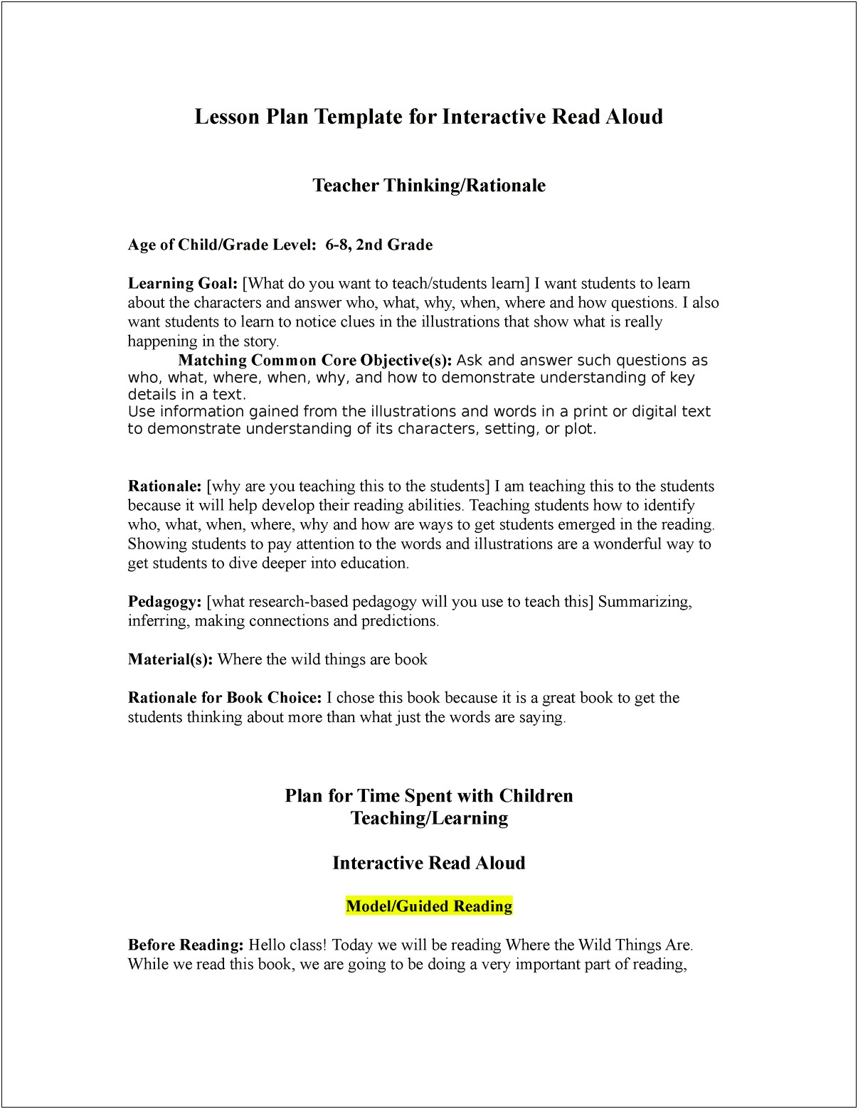 Interactive Read Aloud Lesson Plan Template 2nd Grade