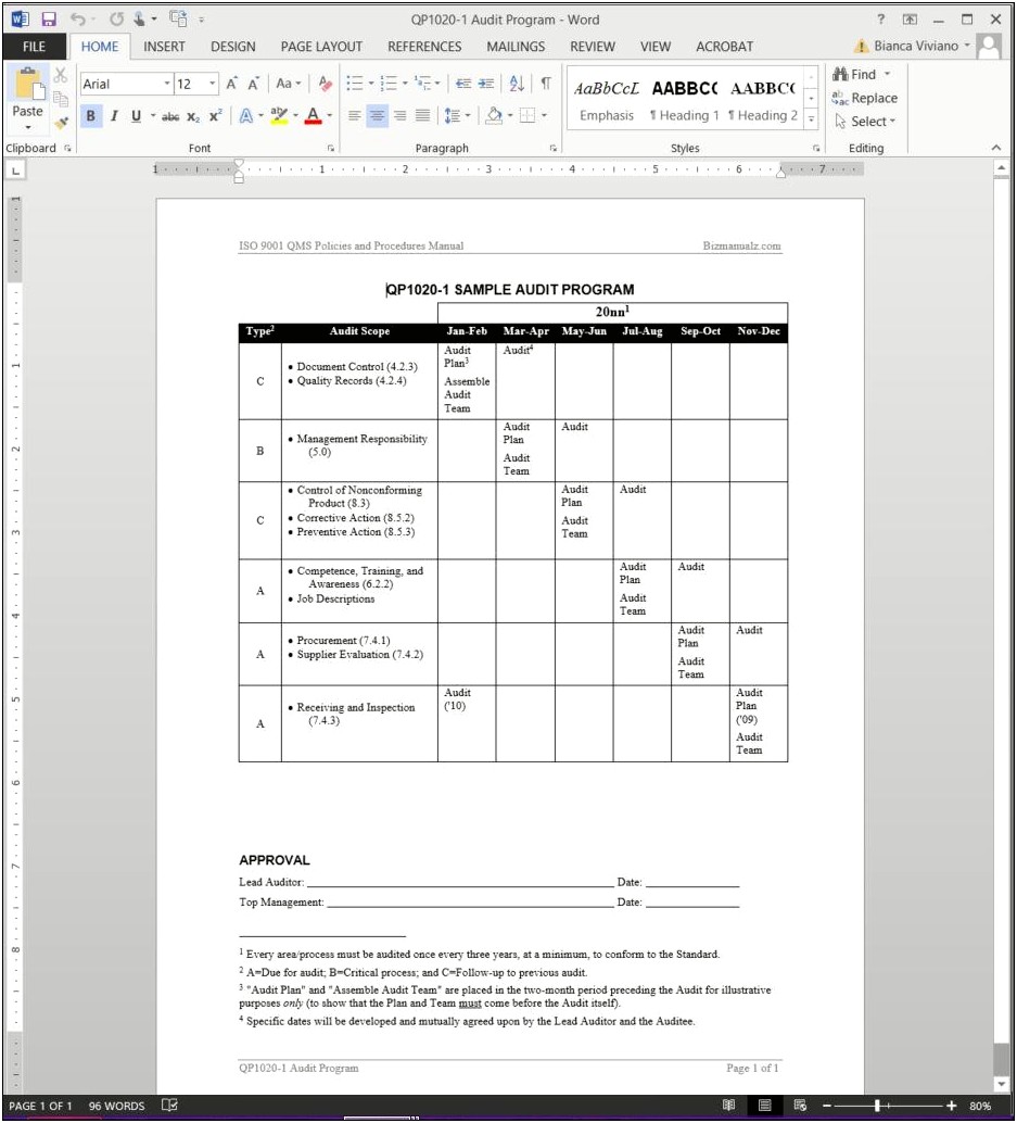 Internal Audit Plan Template Iso 9001