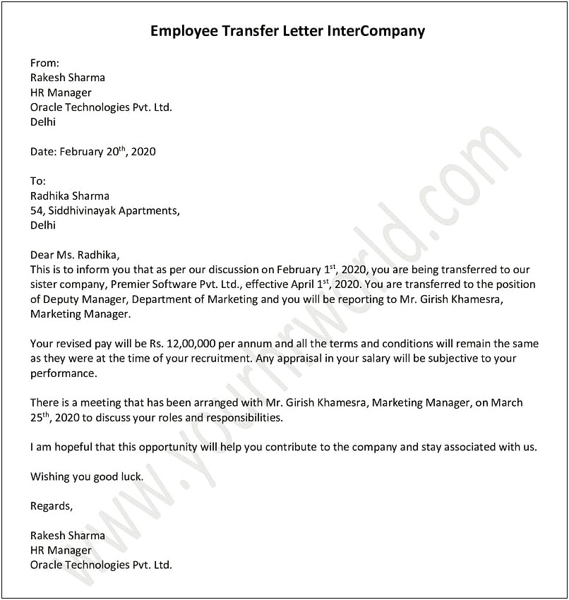 Internal Job Transfer Request Letter Template