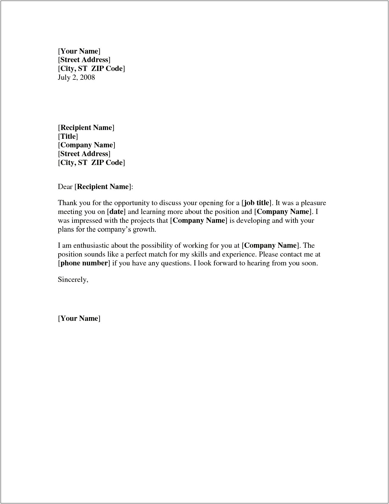 Internship Interview Thank You Letter Template