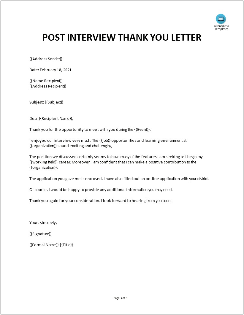 Interview Thank You Letter Template Email