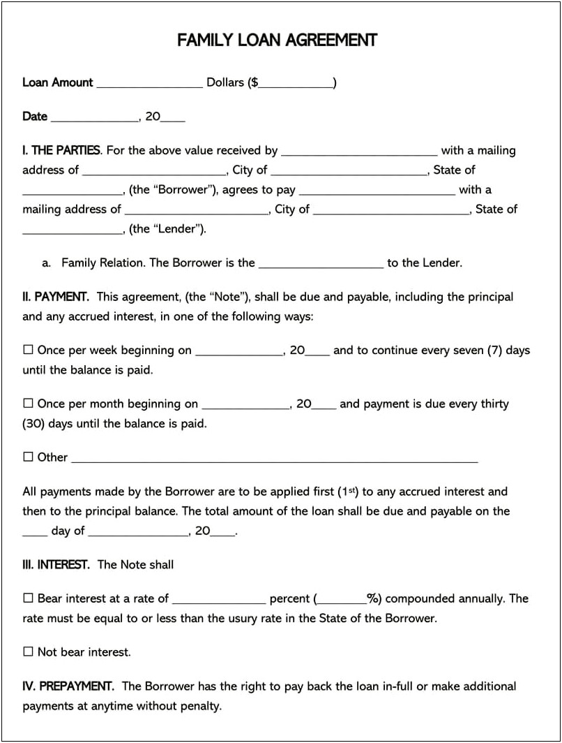 Intra Family Loan Agreement Template With Payment Plan