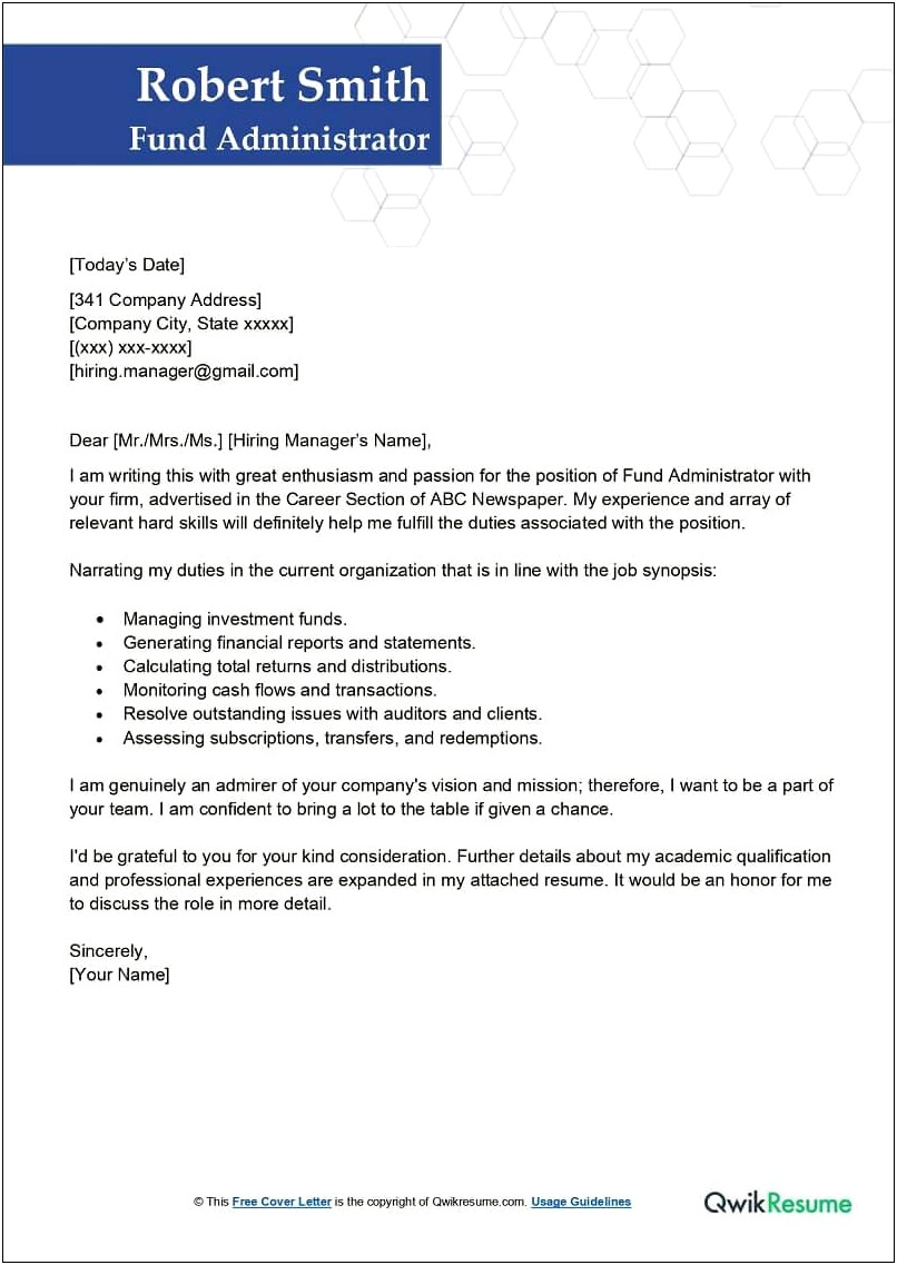 Investment Fund Manager Cover Letter Template