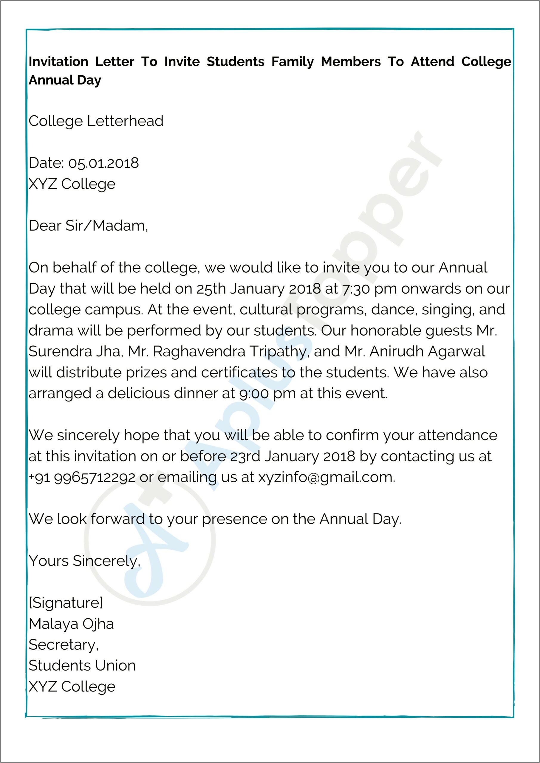 Invitation Letter Template For Parents From Usa College