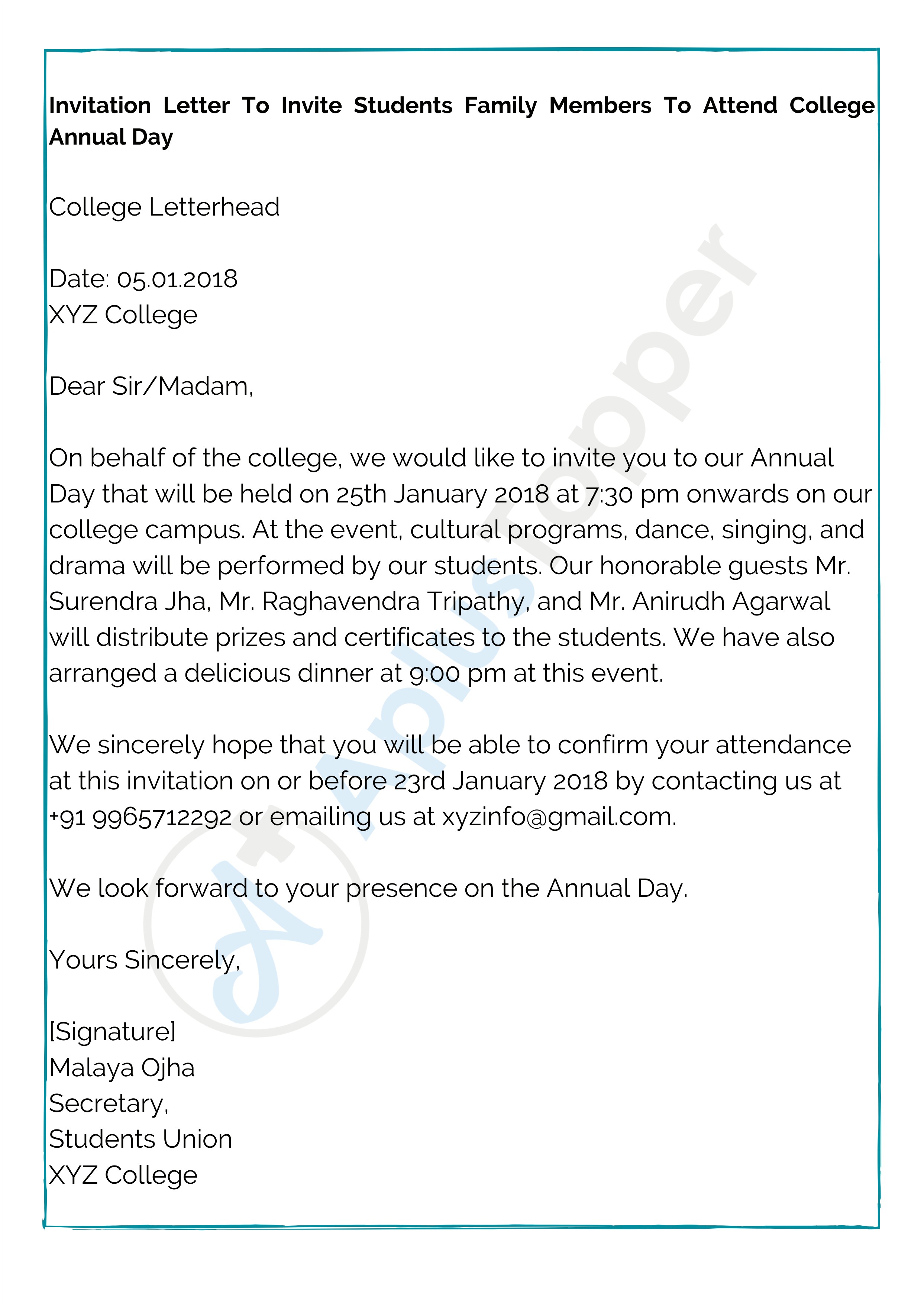 Invitation Letter Template For Parents From Usa College