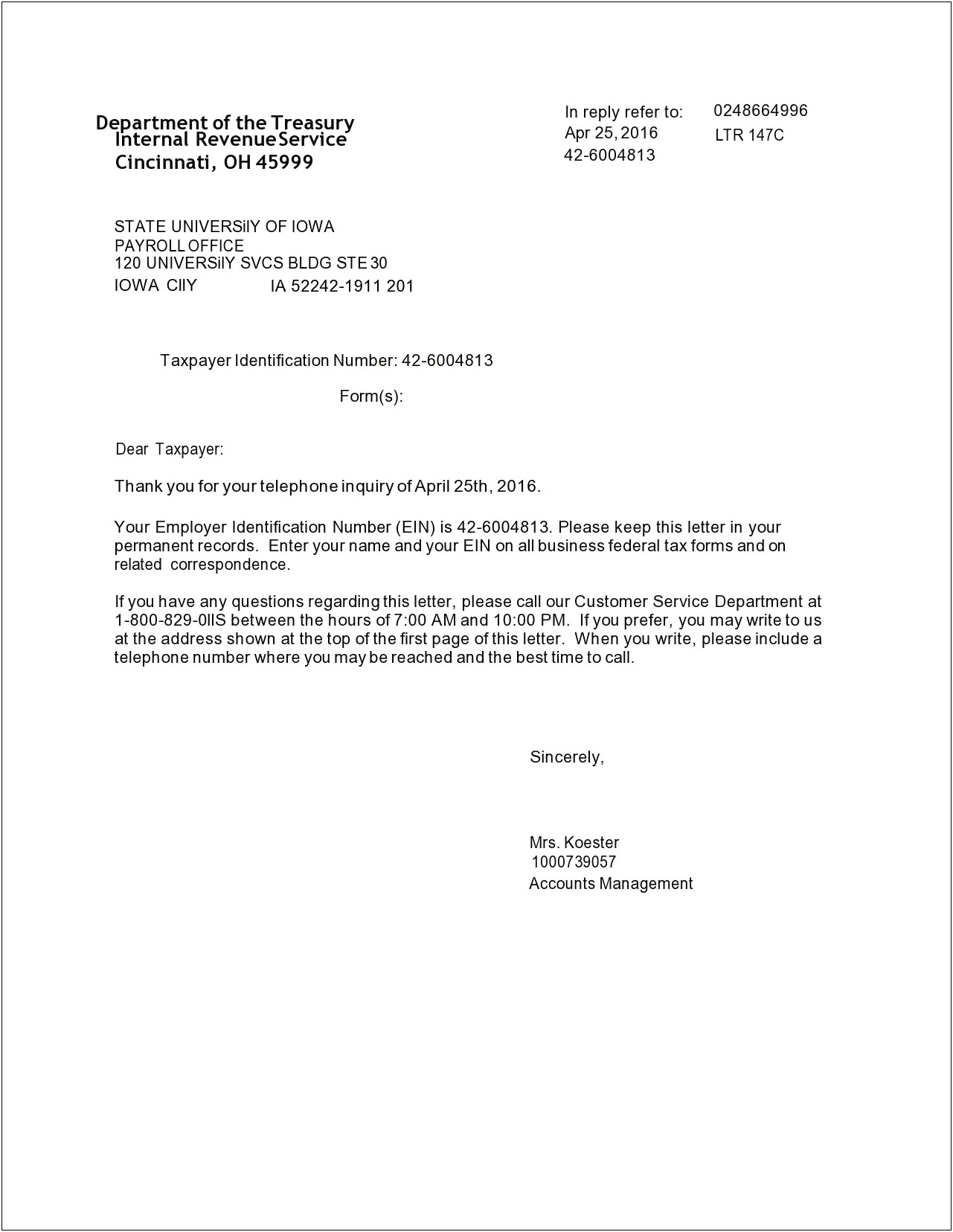 Irs Letter To Correct Ein Information Template