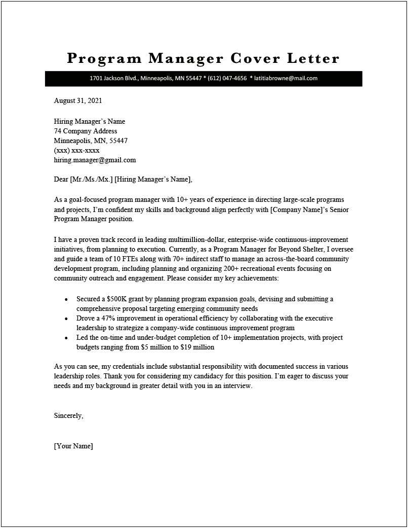 It Project Manager Cover Letter Template