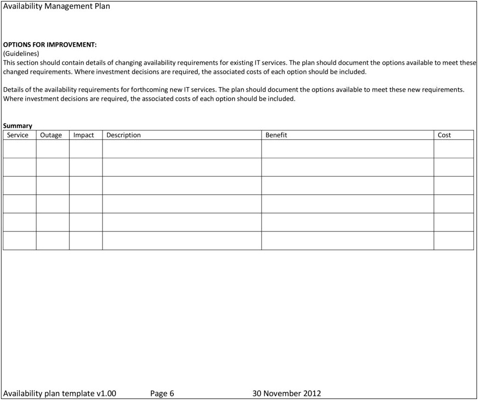 Itil It Service Continuity Plan Template