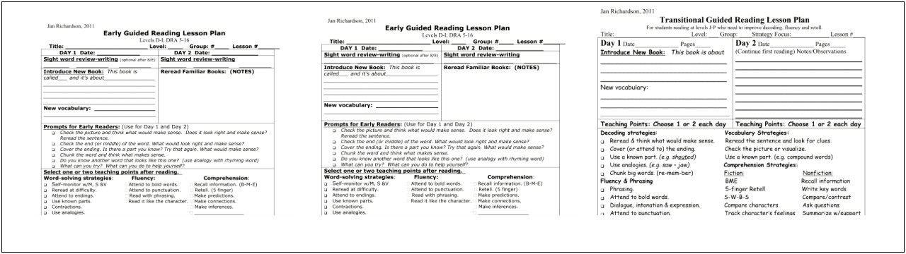 Jan Richardson Guided Reading Lesson Plan Templates