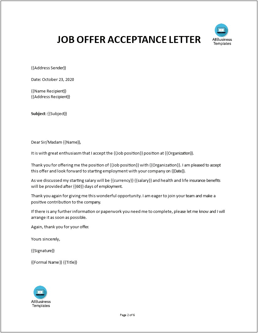 Job Acceptance Letter Car Shop Template