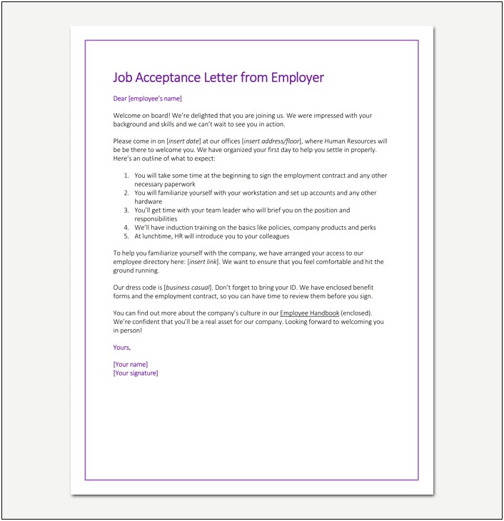 Job Acceptance Letter From Employer Template