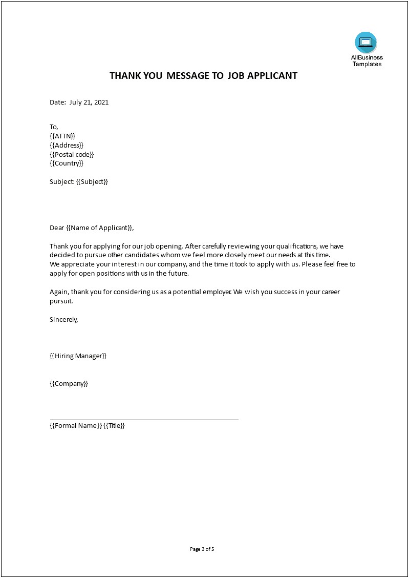 Job Application Thank You Letter Template