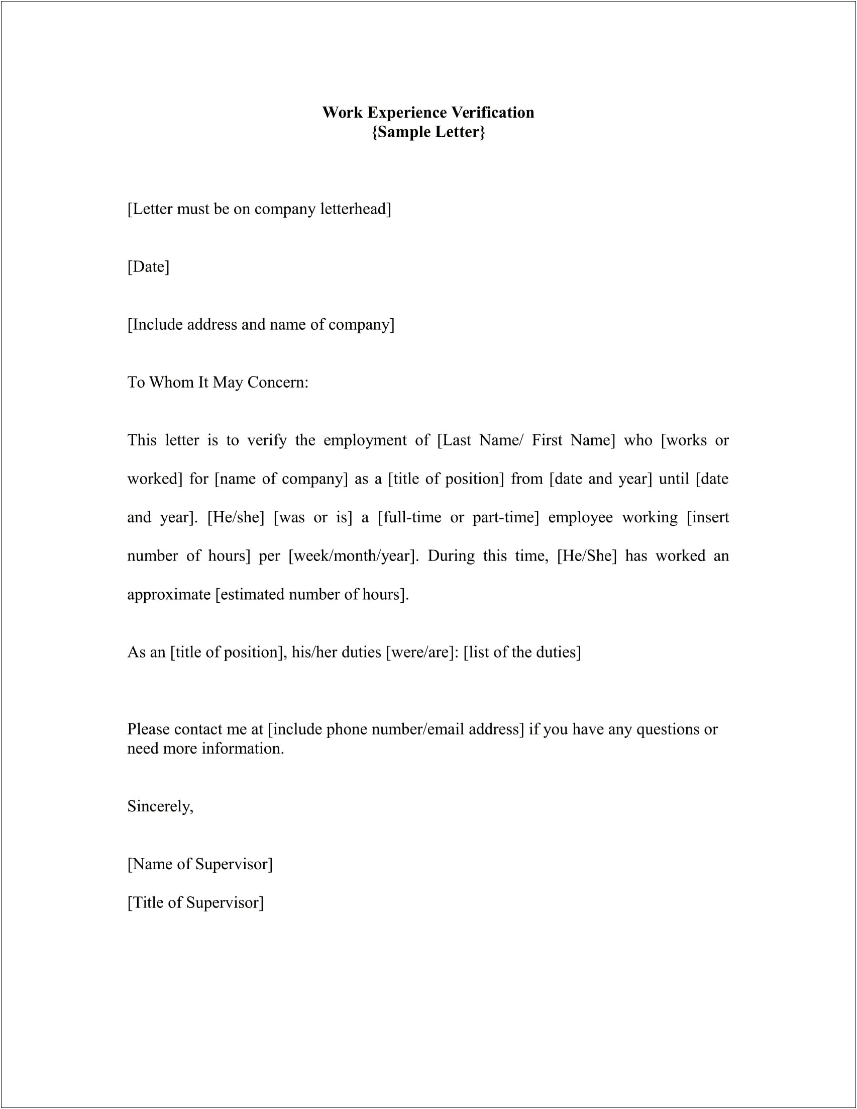 Job Letter Template Sample Employment Verification