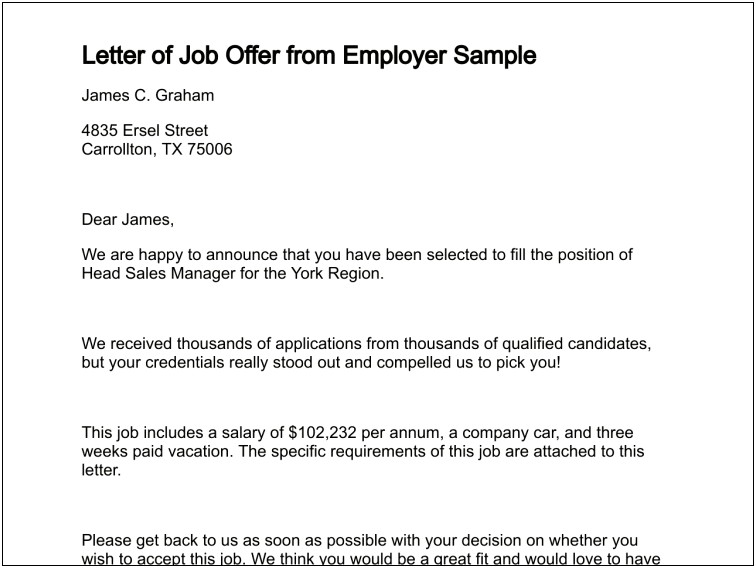 Job Offer Letter From Employer Template