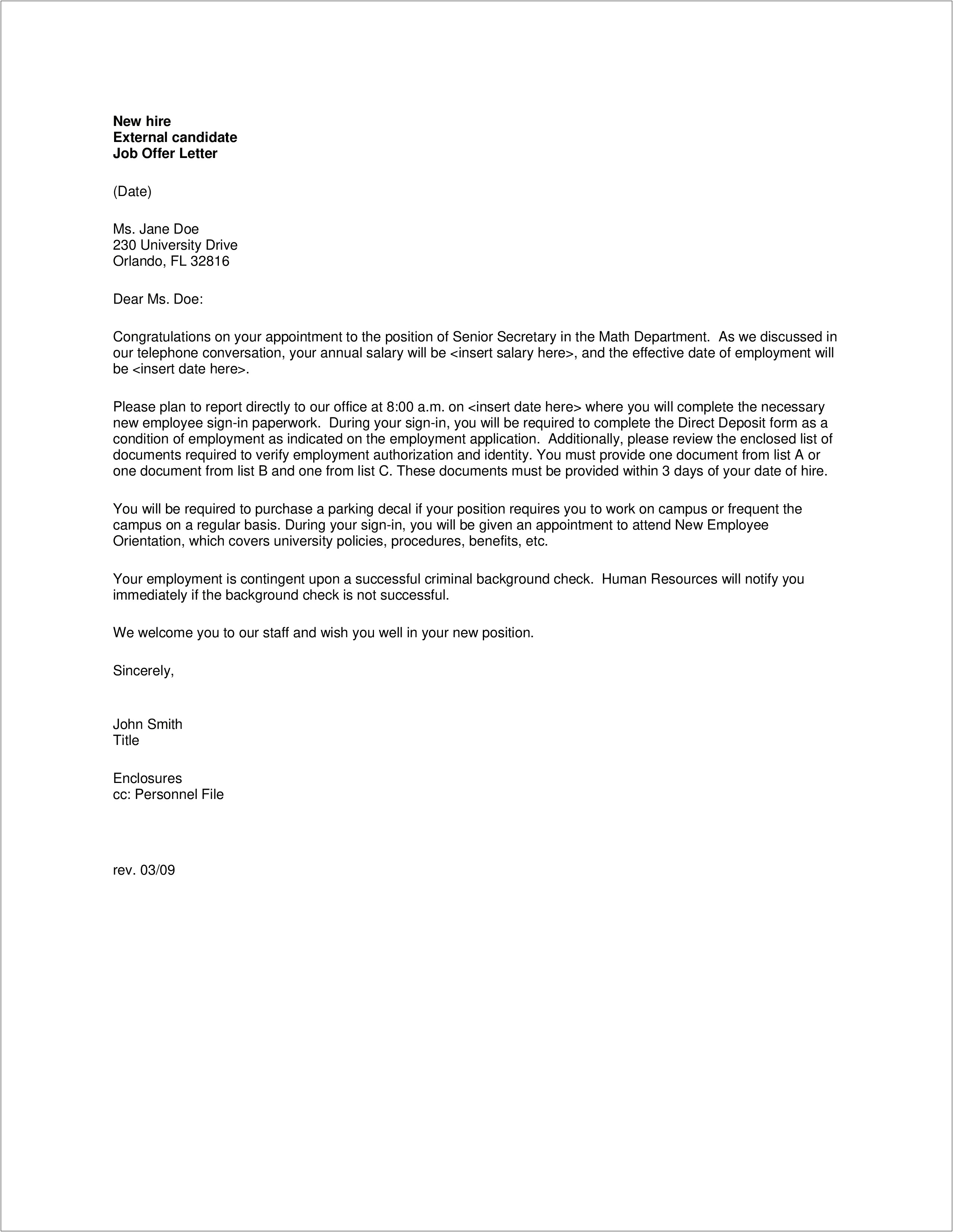 Job Offer Letter Template From Employer