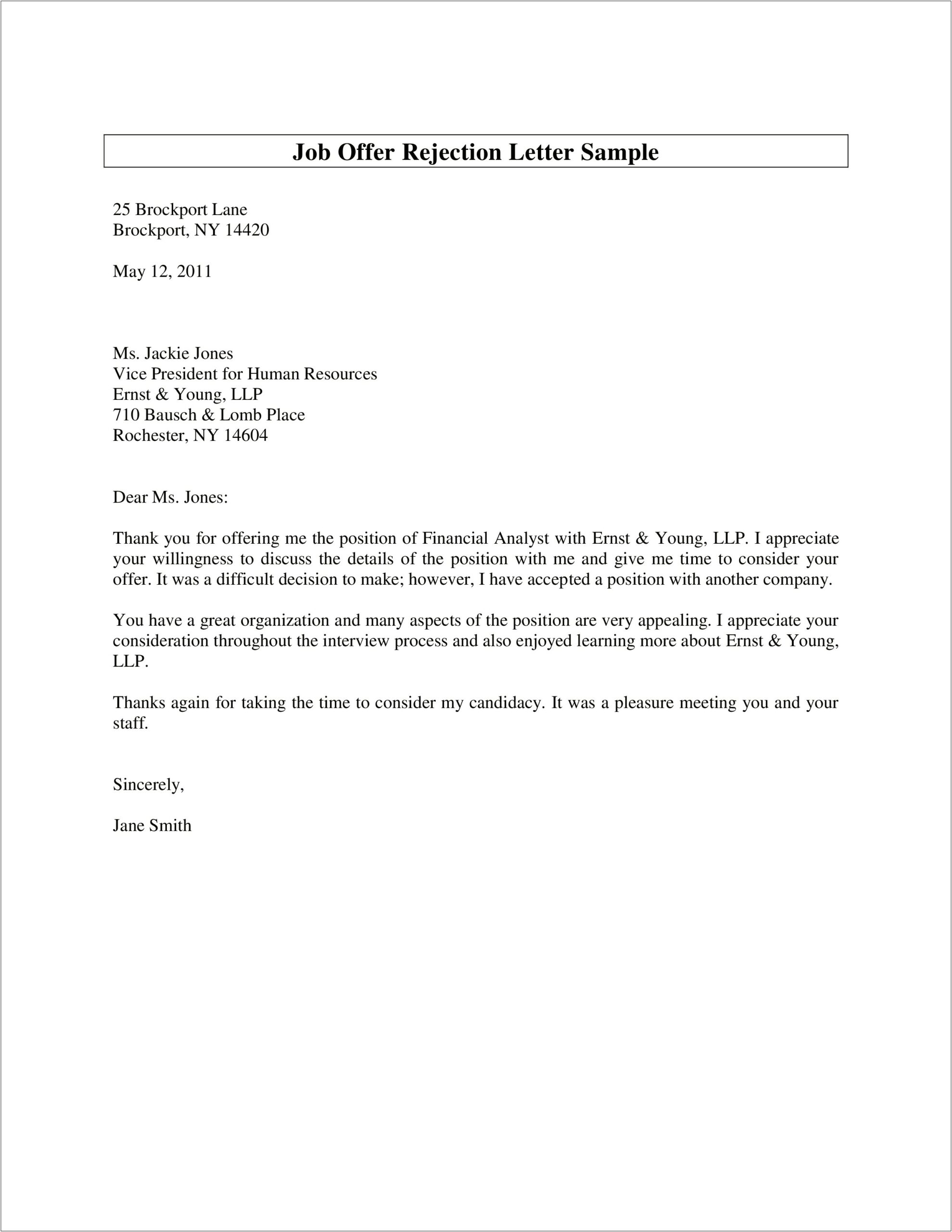 Job Offer Rejection Letter Template Uk