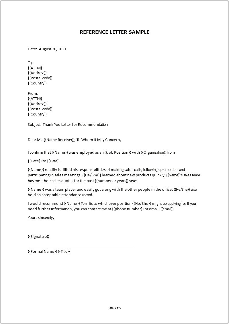 Job Reference Letter Of Recommendation Template