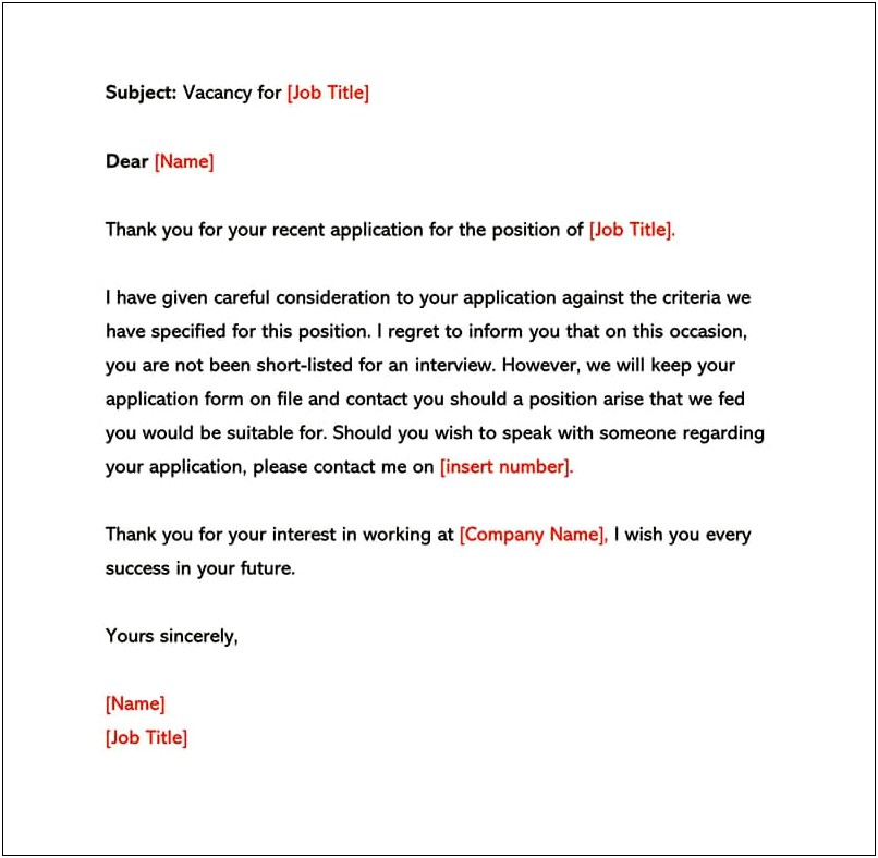 Job Rejection Letter Template No Interview