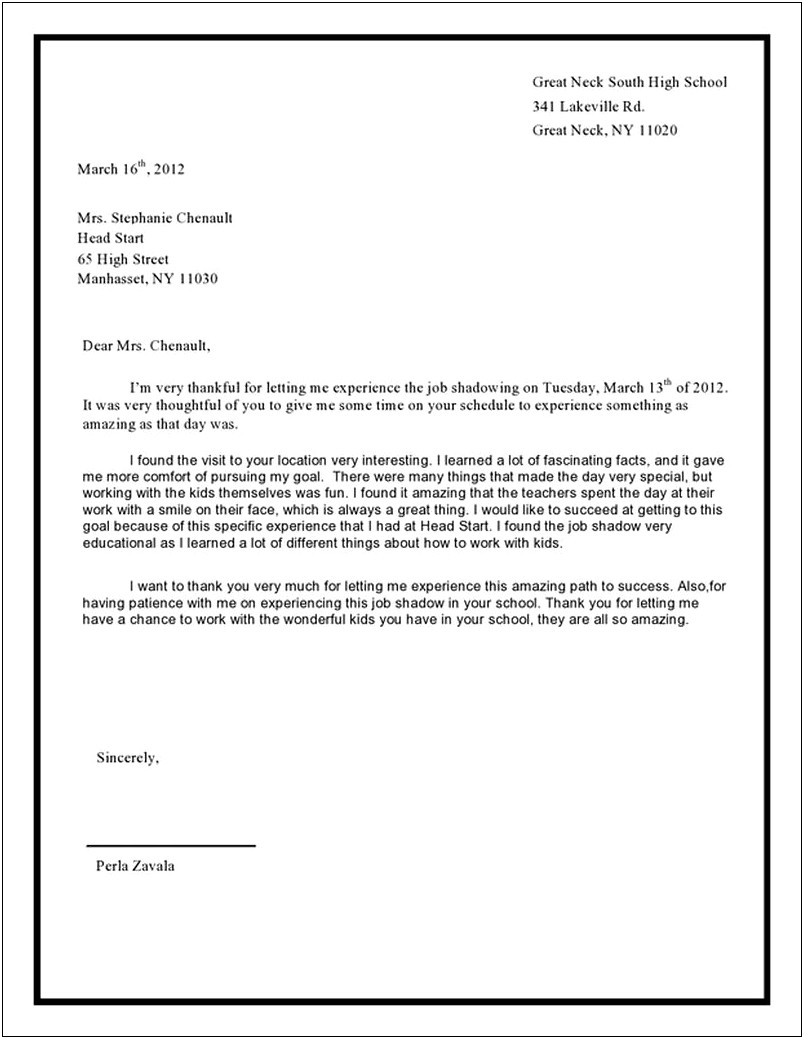 Job Shadowing Thank You Letter Template