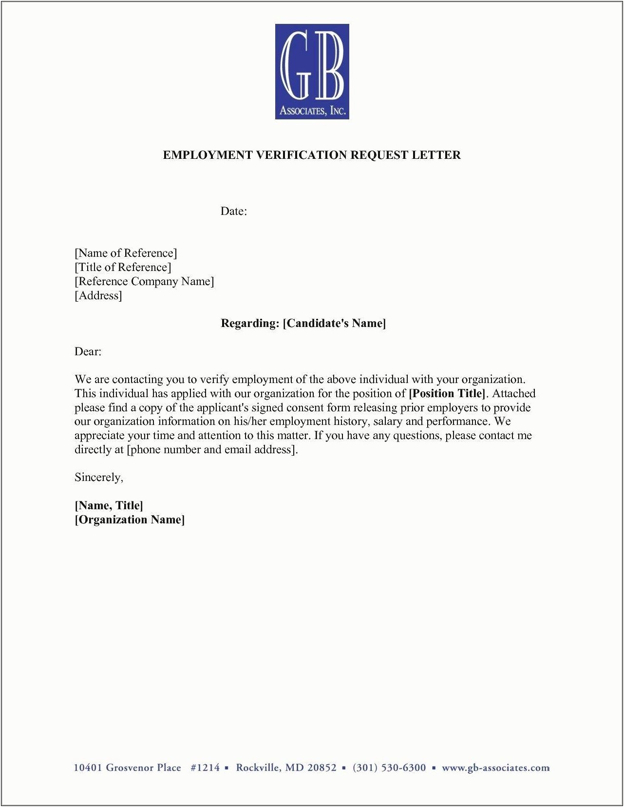 Job Verification Letter From Employment Template