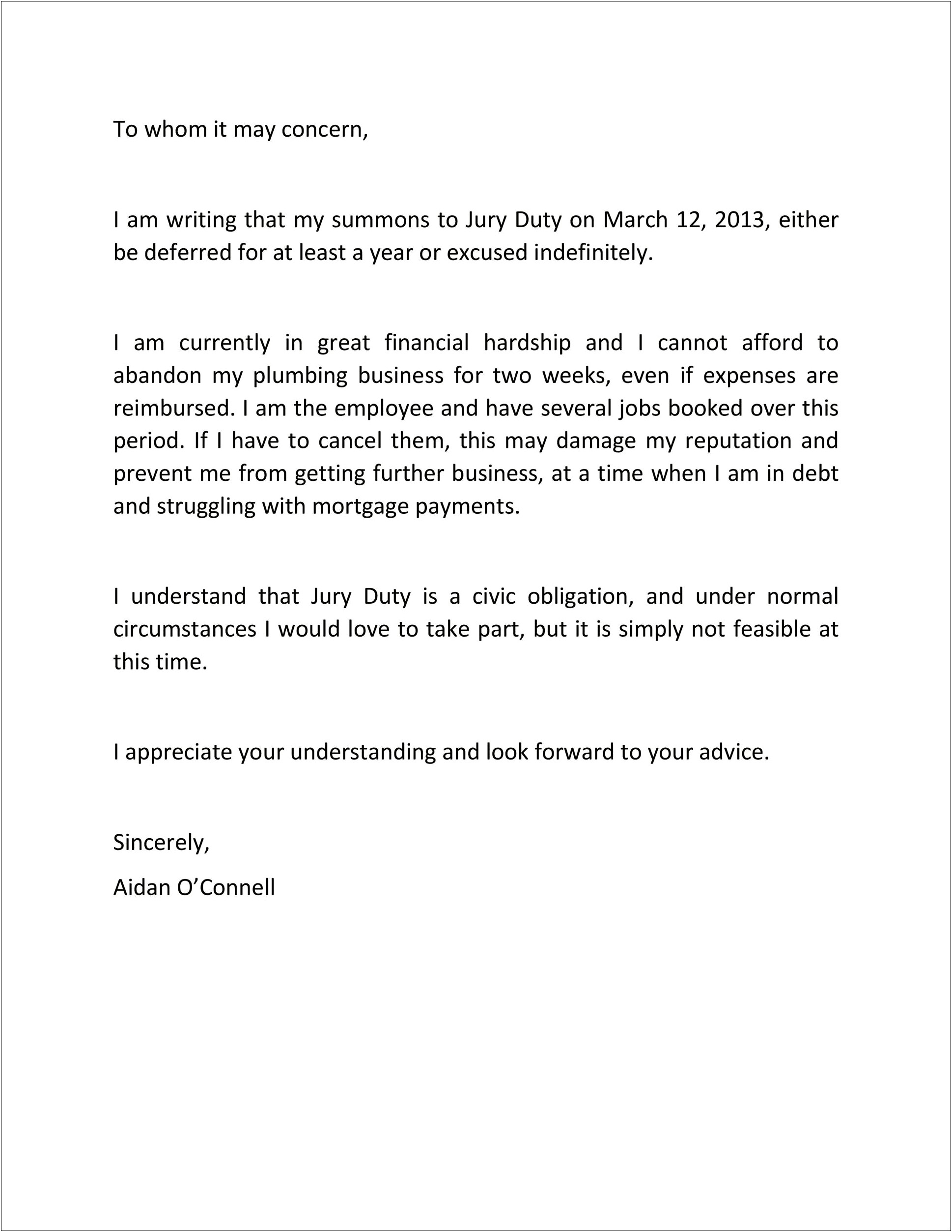 Jury Duty Excuse Letter Employer Templates