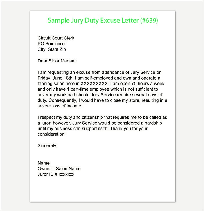 Jury Duty Excuse Letter Template Self Employed