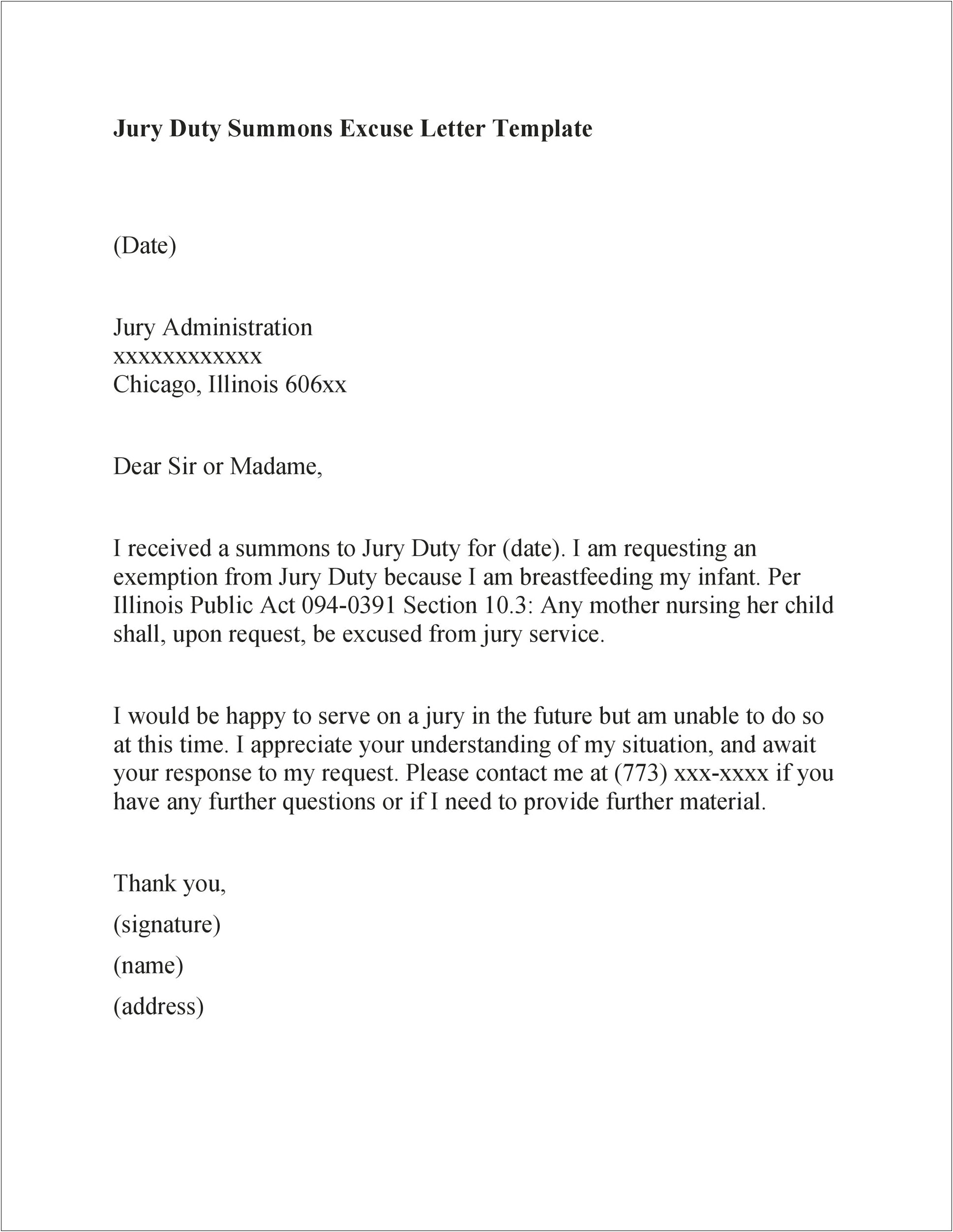 Jury Duty Medical Excuse Letter Template