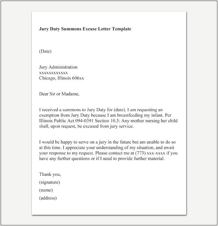 Jury Duty Summons Excuse Letter Template