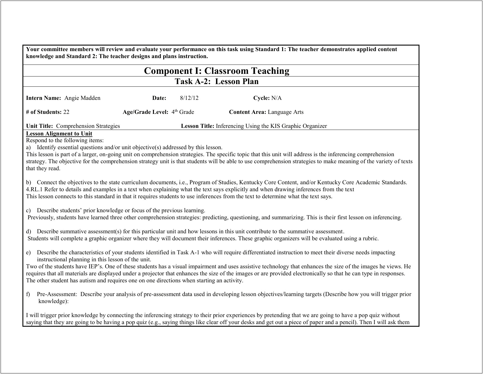 Kindergarten Language Arts Lesson Plan Template