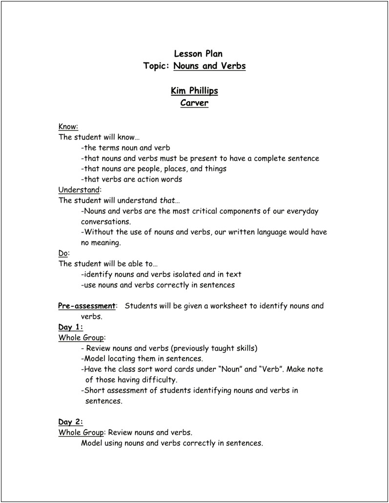 Know Understand Do Lesson Plan Template