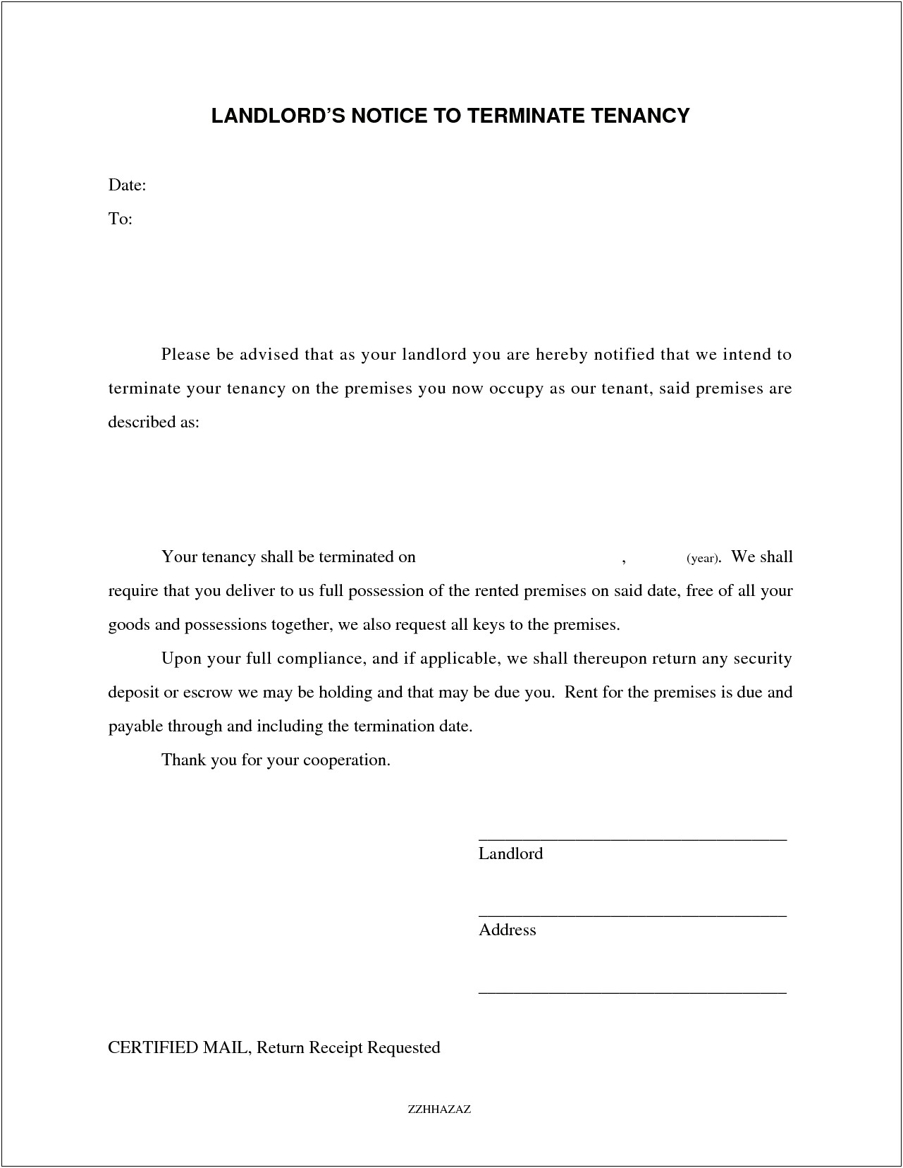 Landlord End Of Tenancy Agreement Letter Template