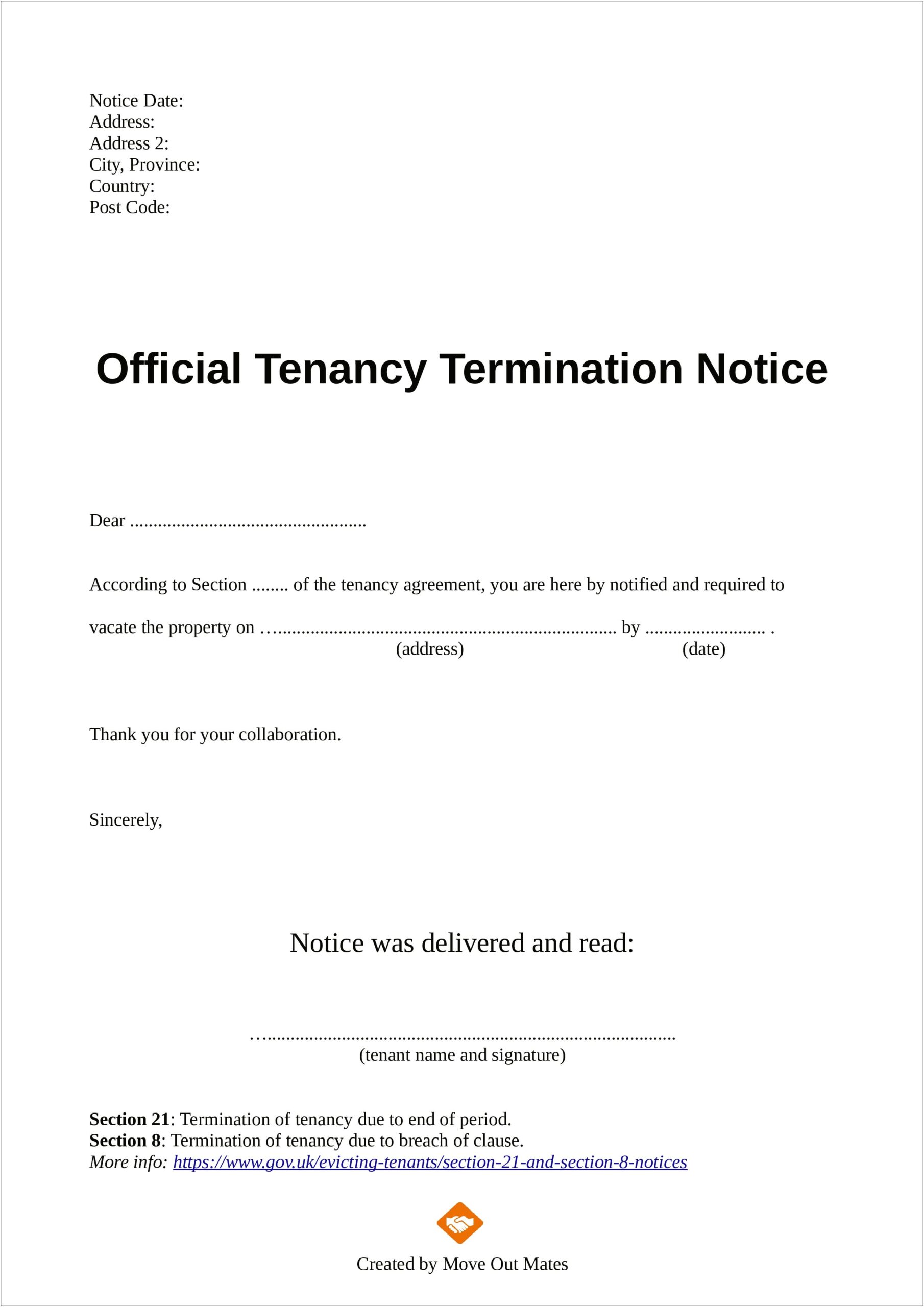 Landlord Notice To End Tenancy Letter Template