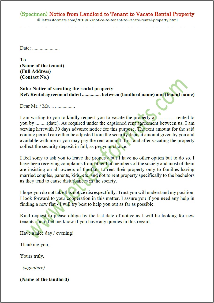 Landlord Notice To Vacate Letter Template