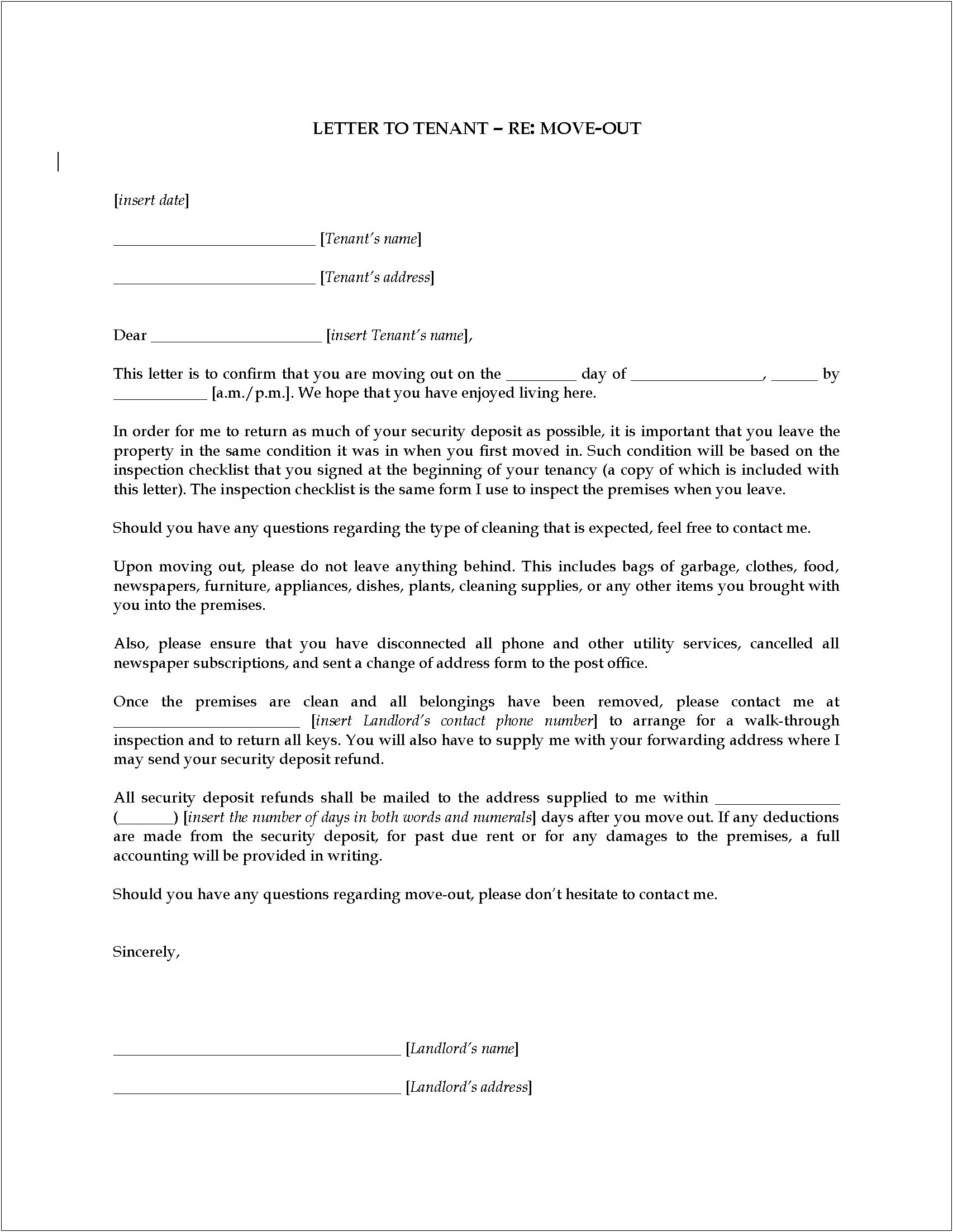 Landlord Tenant Move Out Letter Template