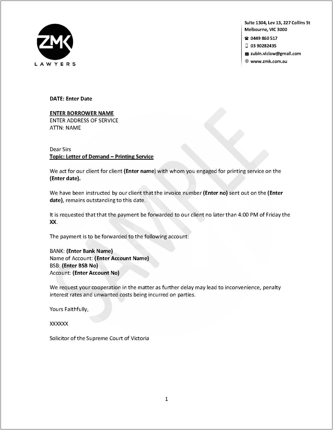 Lawyer Demad For Payment Letter Template